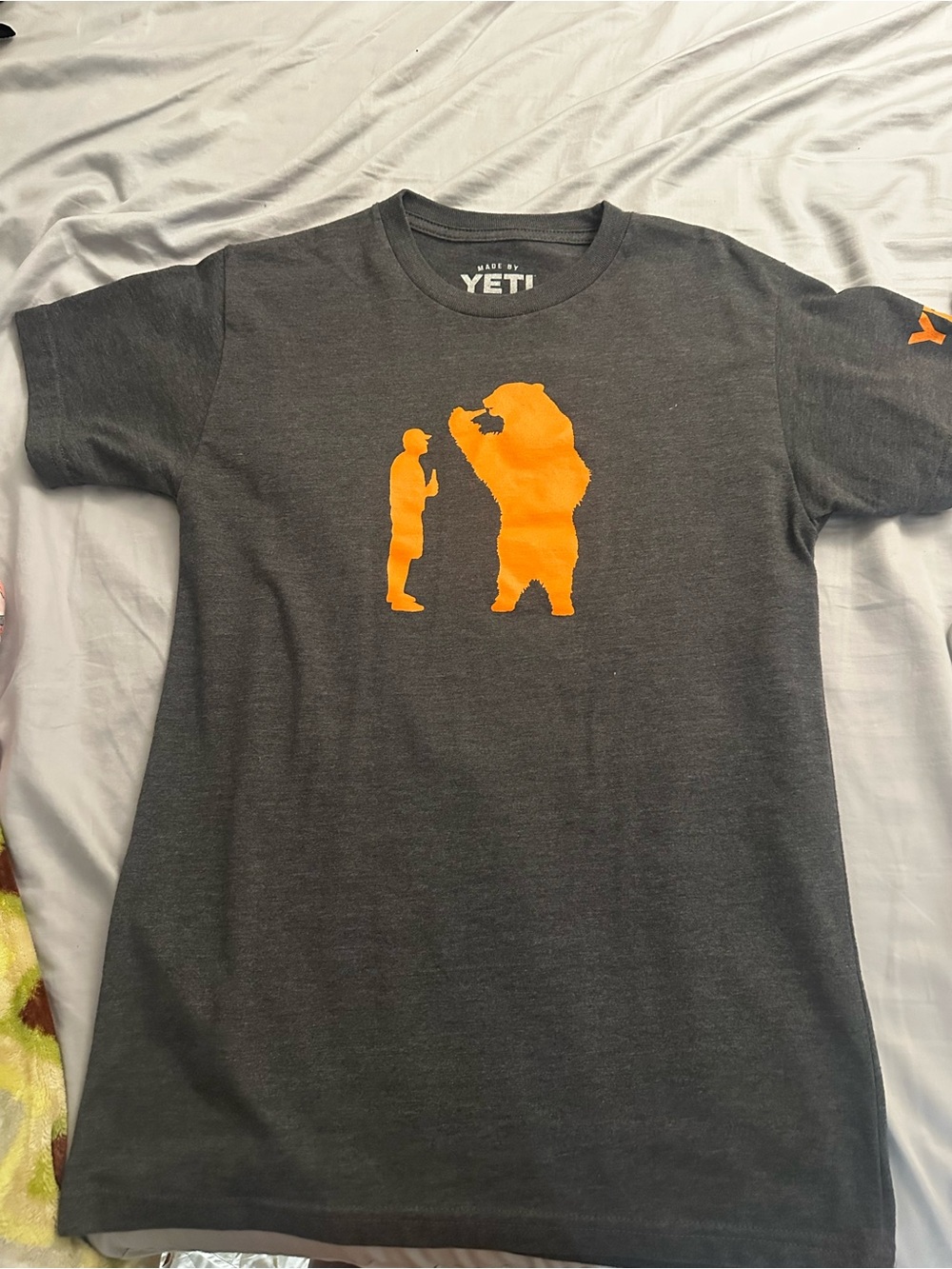 Yeti Dark Gray Short Sleeve Tee with Orange Bear Silhouette